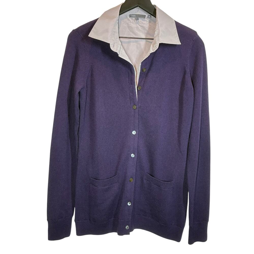 Vince Cashmere Sweater Contrast Collar Long Sleeve Cardigan Purple Womens Large